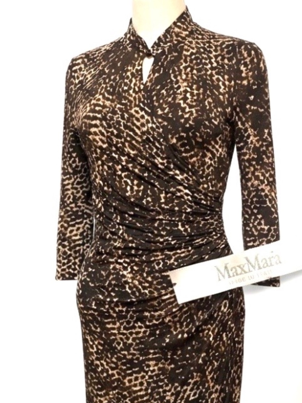 Max Mara Ruched Leopard Print Jersey Midi Dress Brown IT 48 / US 10